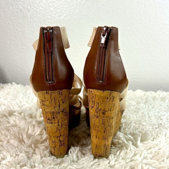 Steve Madden Selinah Cork Wedge Heels Open Toe Elastic Straps Beige Size 7.5 - Picture 4 of 11